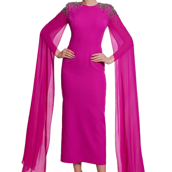 Aisha Maxi Fuchsia Cape Dress with Beading and Crystal Stone