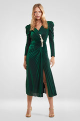 Ava Green Pleated Long Sleeves Midi Dress