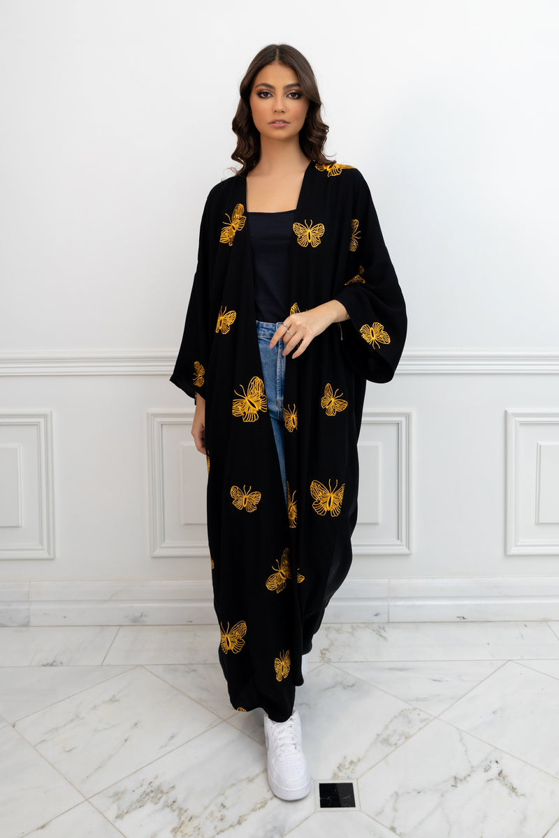 Black and Golden Butterfly Abaya Kimono