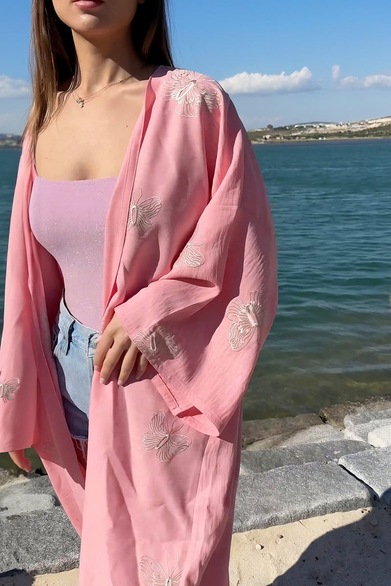 Pink and Golden Butterfly Linen Kimono