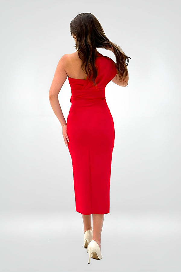 Christina Red One Shoulder Midi Dress