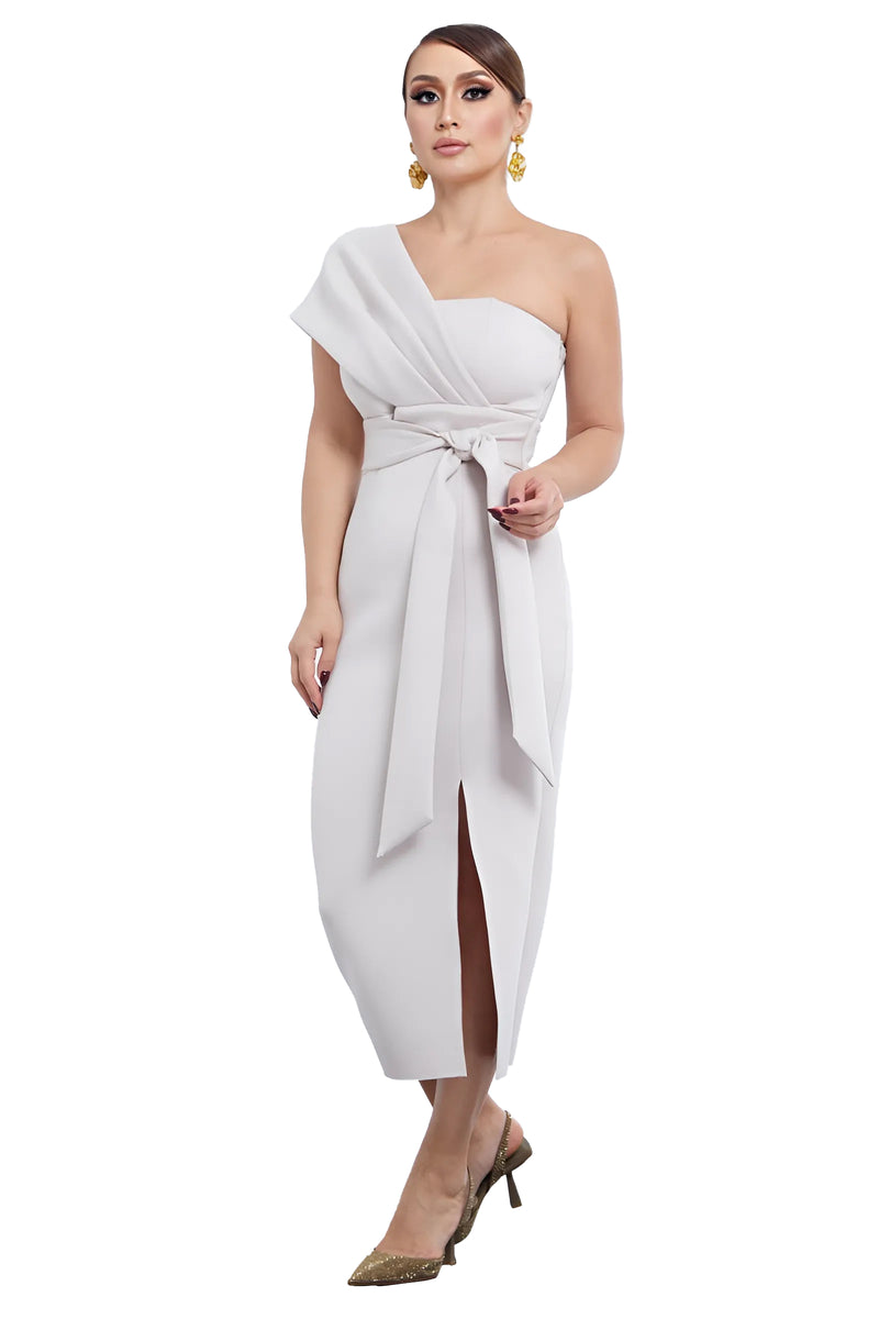 Christina Beige Nude Ivory One Shoulder Belted Midi Crepe Cocktail Birthday Bandage Dress 2/4 (US) Christina Beige Nude Ivory One Shoulder Belted Midi Crepe Cocktail Birthday Bandage Dress 2/4 (US)