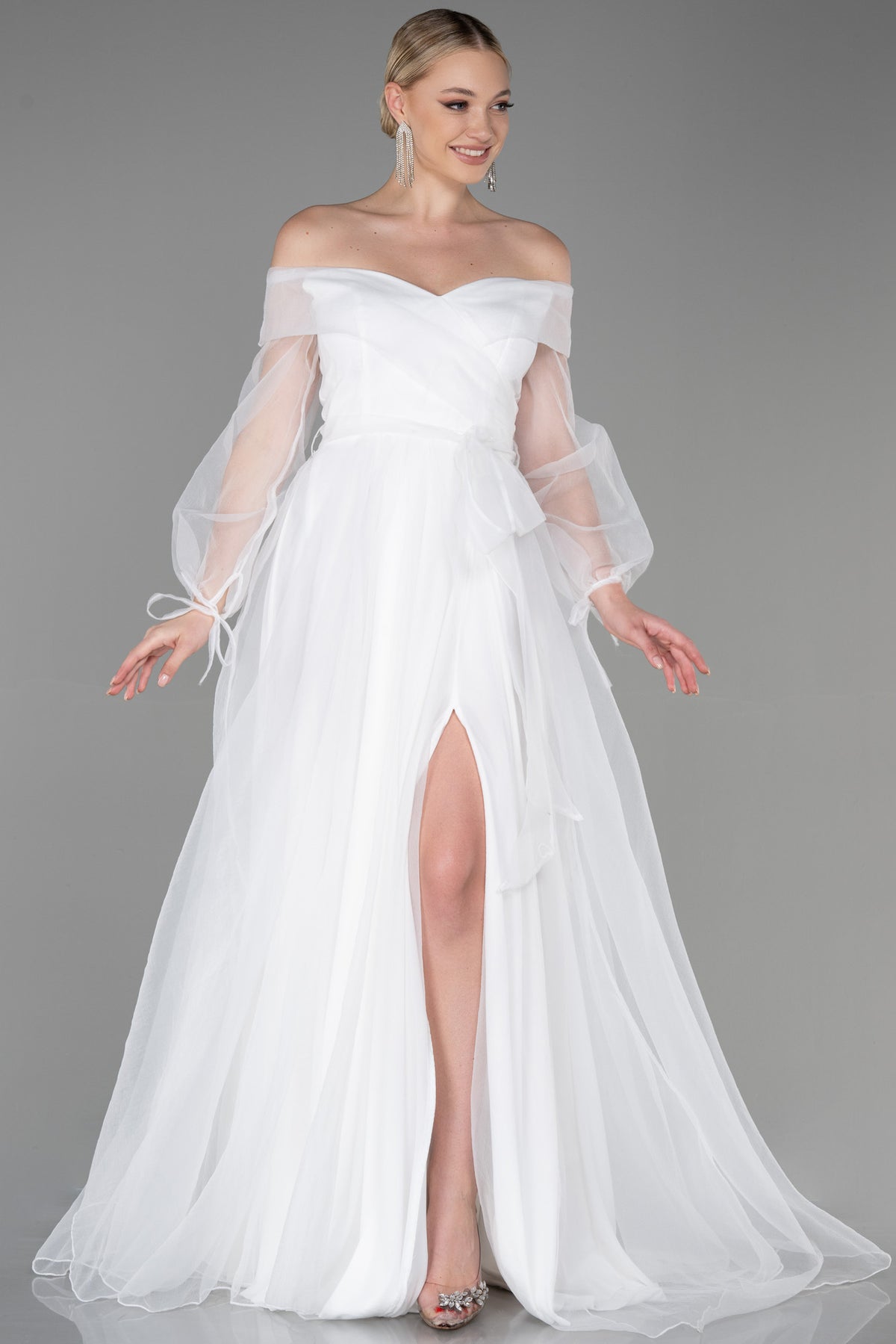 chinese dress ladies Delilah White Off Shoulder Tulle Dress With Slit – unmatchedbyu