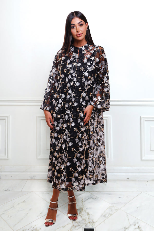 Destiny Gold Floral Embroidered Black Caftan Dress