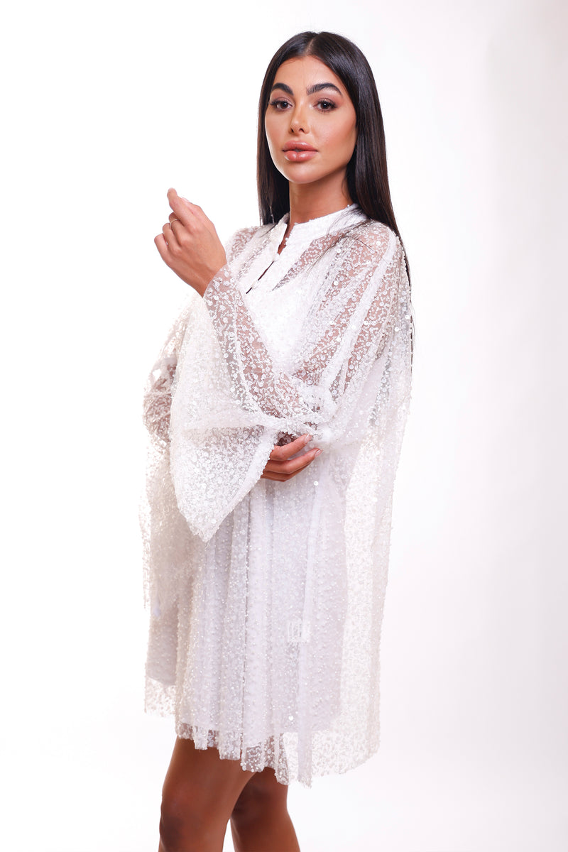 Dua White Sequin Pearl Caftan Dress Mini / Free size Dua White Sequin Pearl Caftan Dress Mini / Free size