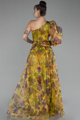 Gisella Pistachio Mustard Printed One Sleeve Gown