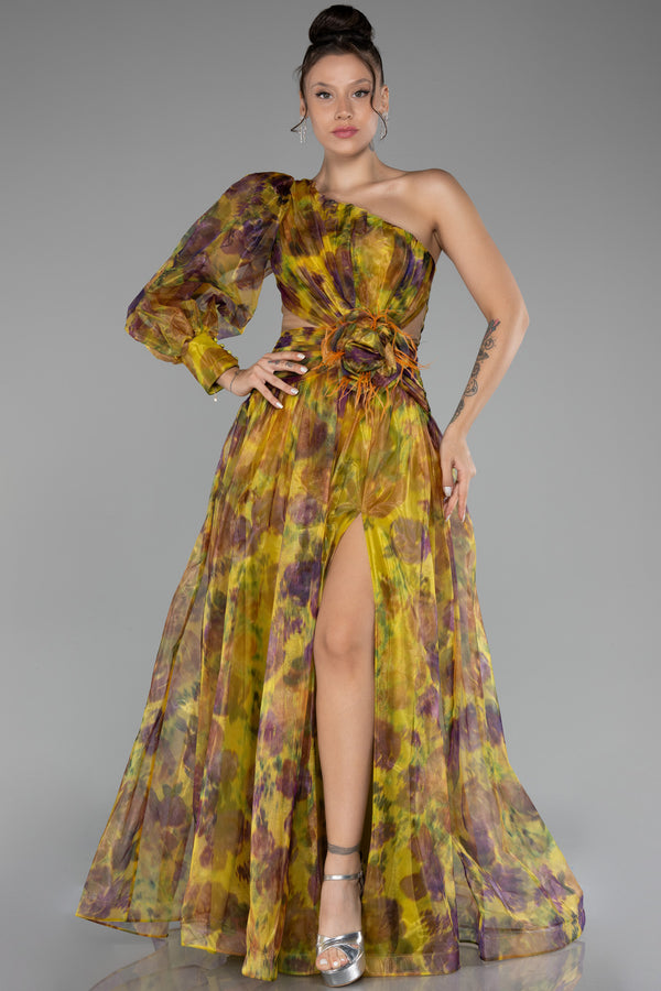 Gisella Pistachio Mustard Printed One Sleeve Gown