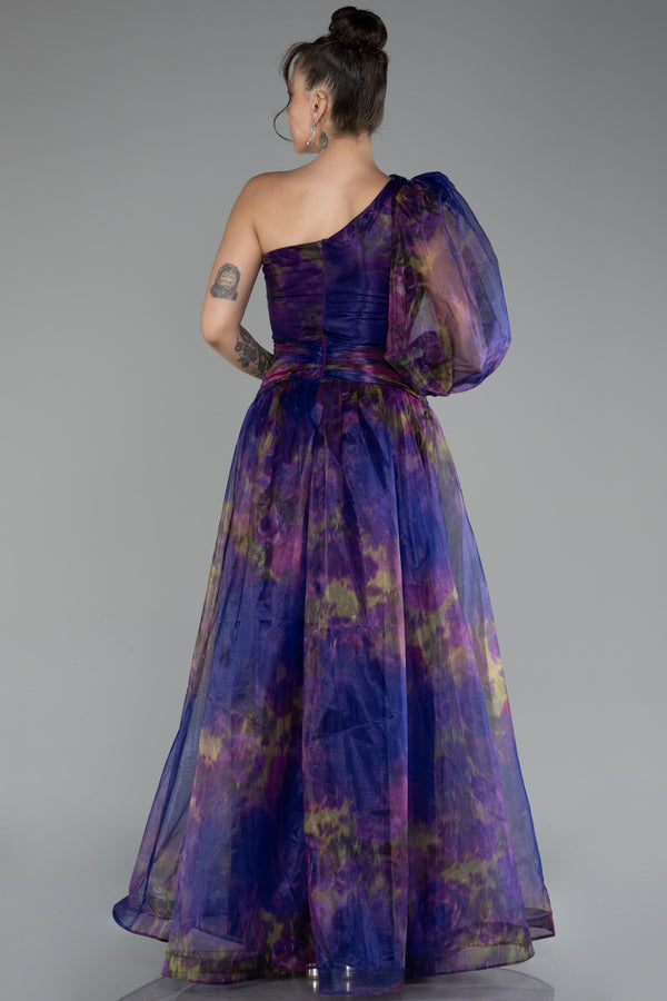 Gisella Dark Purple Printed One Sleeve Gown