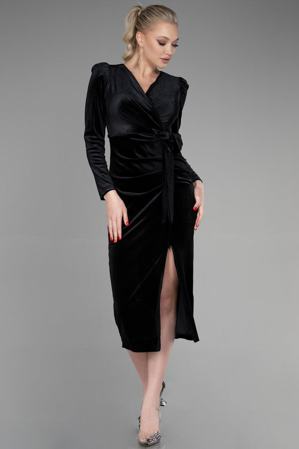 Sharon Black Midi Velvet Bow Dress