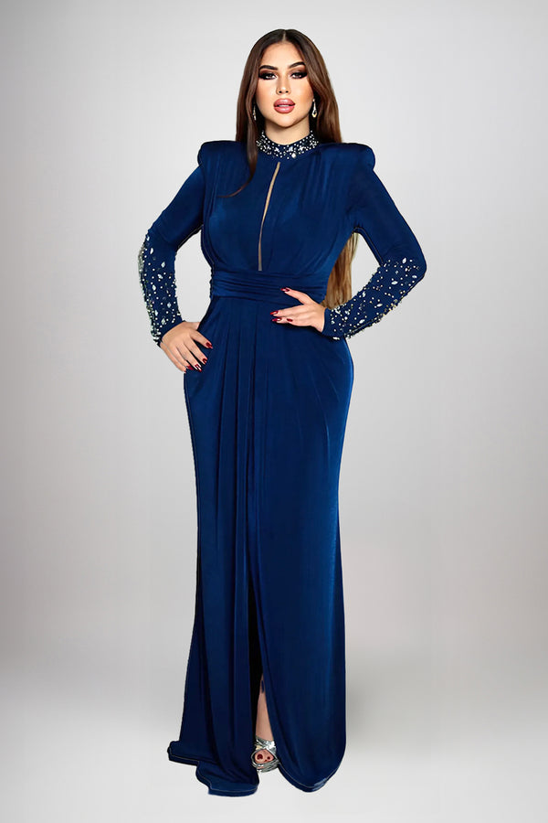 Glenda Navy Blue Embellished Long Sleeves Gown