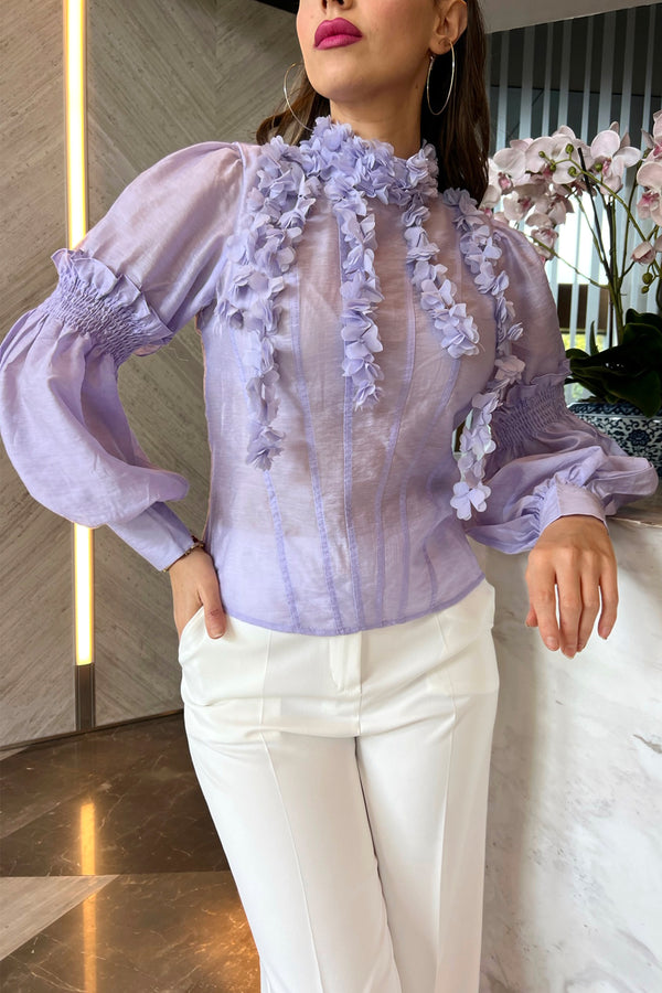 Holly Mock Neck 3D Floral Lilac Chiffon Blouse