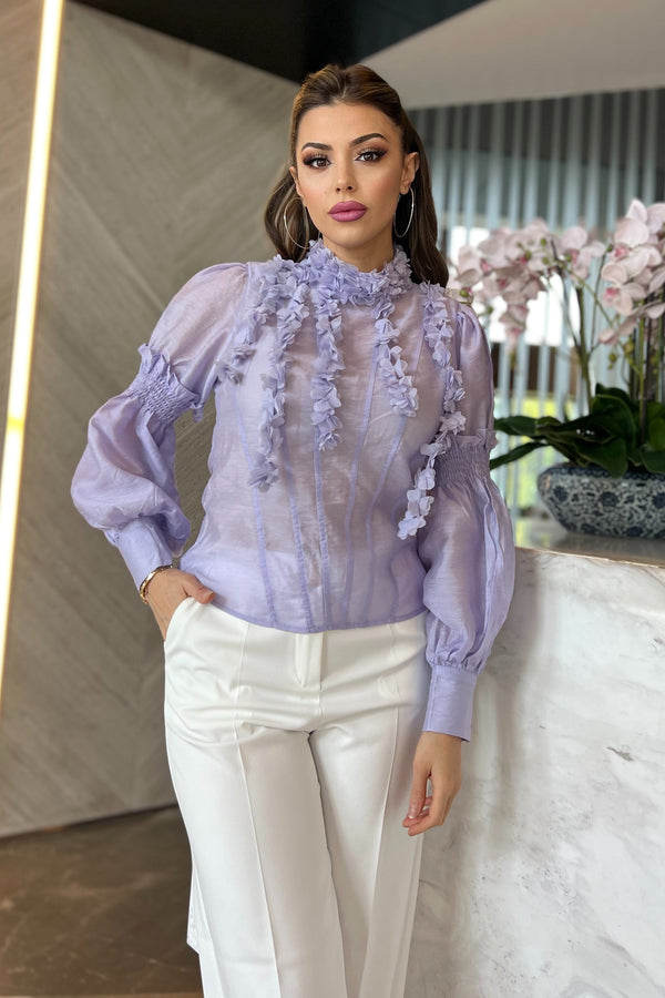 Holly Mock Neck 3D Floral Lilac Chiffon Blouse