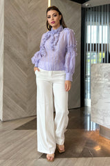 Holly Mock Neck 3D Floral Lilac Chiffon Blouse