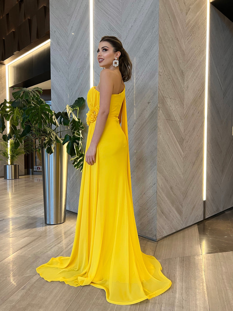 Serenity Floral Yellow One Sleeve Gown