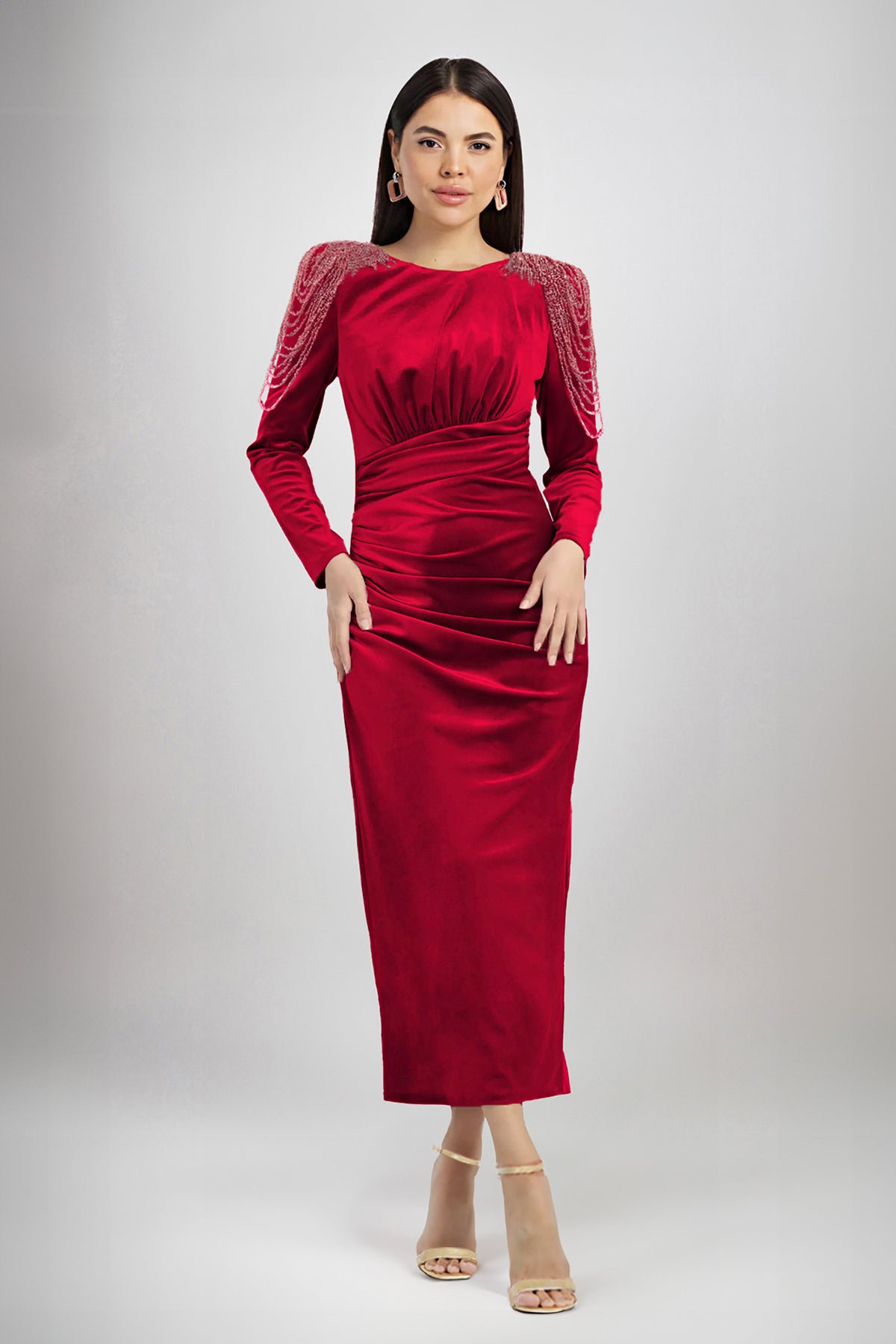 Irena Burgundy Velvet Embellished Long Sleeve Midi Dress With Shoulder Chains 16