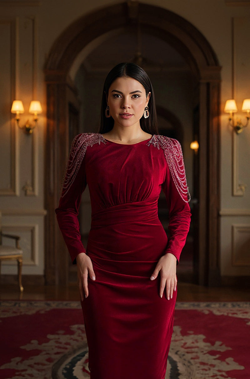 Irena Burgundy Velvet Embellished Long Sleeve Midi Dress With Shoulder Chains 16 Irena Burgundy Velvet Embellished Long Sleeve Midi Dress With Shoulder Chains 16