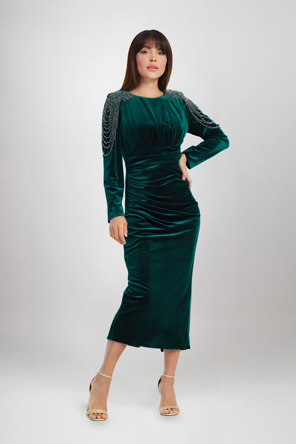 slim fit dress slacks Dark Green Velvet Round Neckline Dress