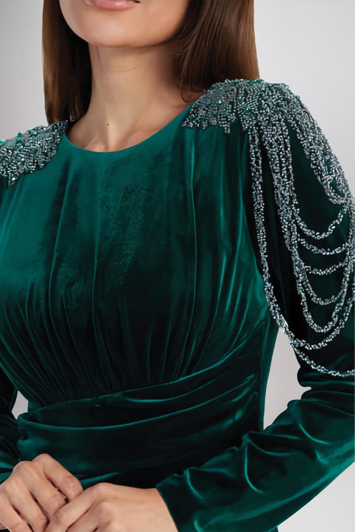 slim fit dress slacks Vintage Emerald Green Velvet Long Sleeves Qipao Dress, XL main image 1