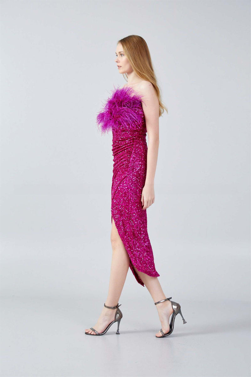 pink sequin feather dress Jessica Fuchsia Hot Pink Full Sequin Feather Midi Strapless Dress – unmatchedbyu