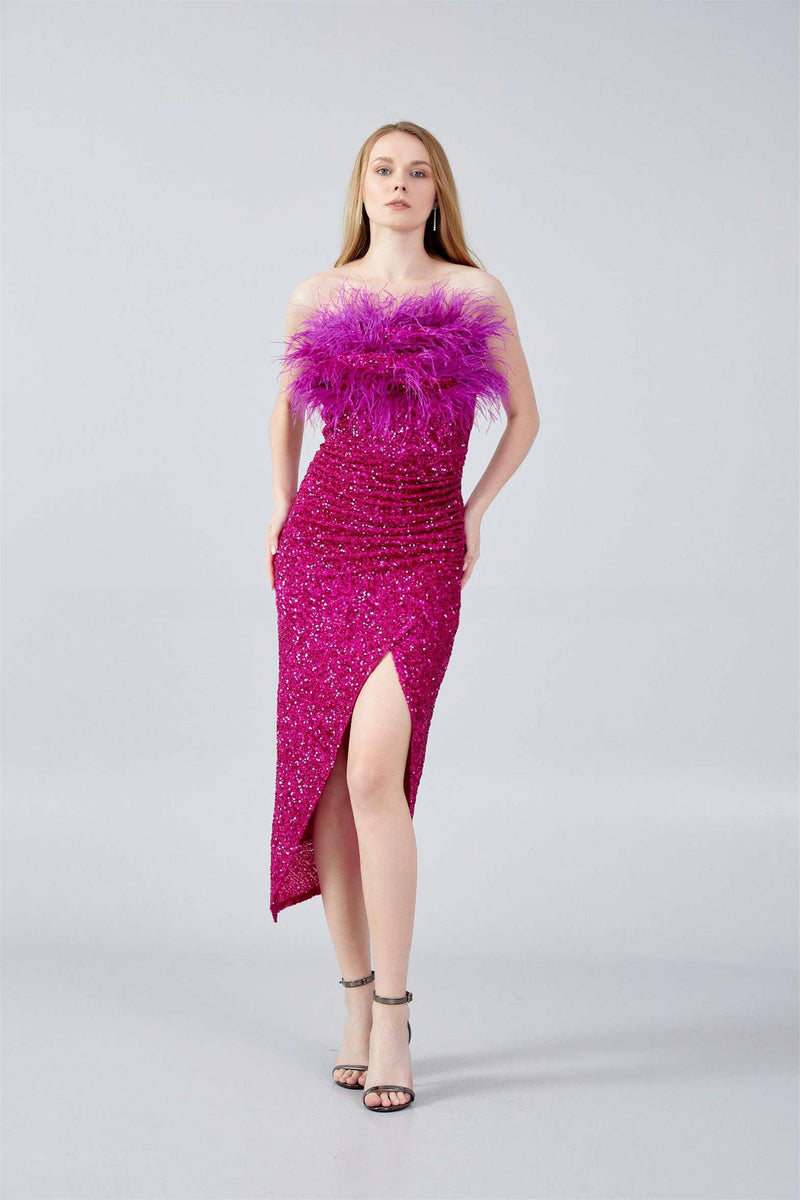 Jessica Fuchsia Hot Pink Full Sequin Feather Midi Strapless Dress