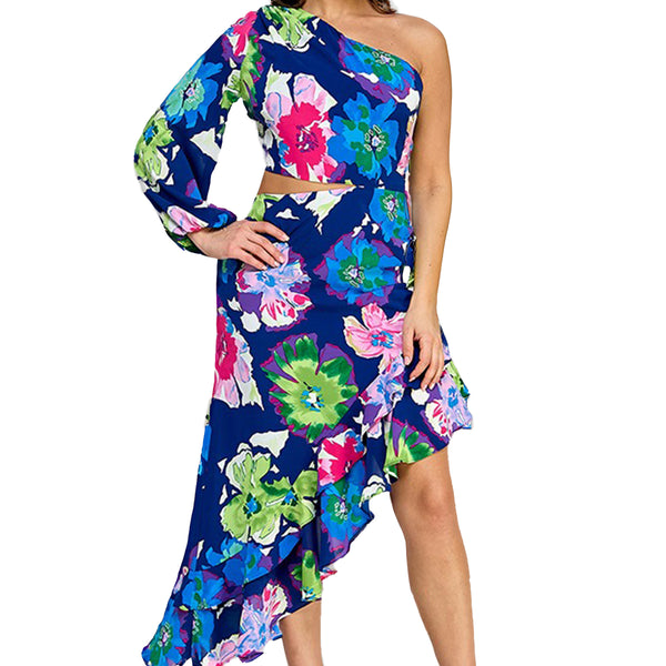 Kalani Floral Print Light Blue Ruffle Trim Cut Out High Low Midi Dress –  unmatchedbyu