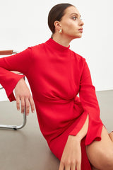 Charlize Red High Neck Long Sleeves Dress