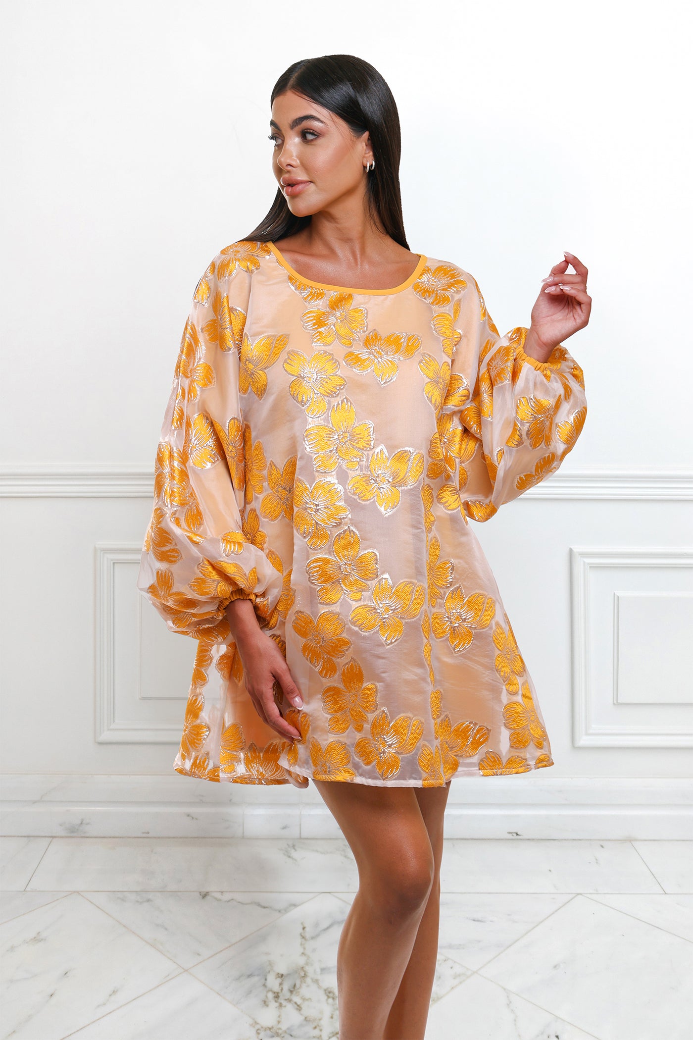 Katy Mustard Yellow Gold Floral Mini Puff Sleeve Shiny Organza Dress M Katy Mustard Yellow Gold Floral Mini Puff Sleeve Shiny Organza Dress M