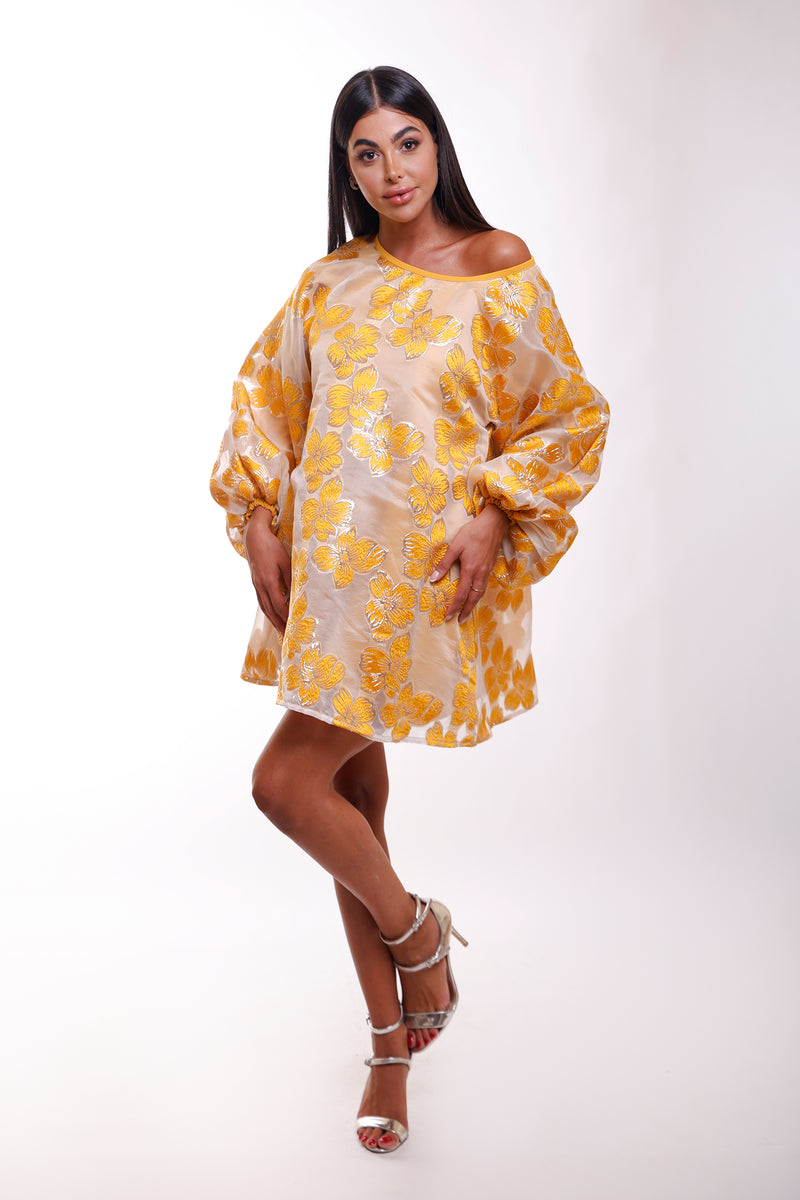 Katy Mustard Yellow Gold Floral Mini Puff Sleeve Shiny Organza Dress unmatchedbyu Katy Mustard Yellow Gold Floral Mini Puff Sleeve Shiny Organza Dress unmatchedbyu
