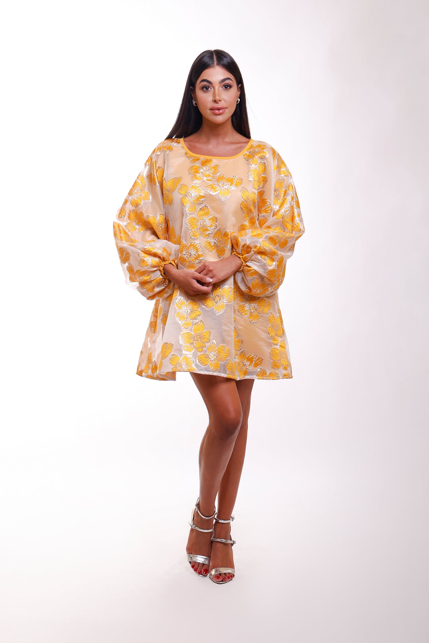 Katy Mustard Yellow Gold Floral Mini Puff Sleeve Shiny Organza Dress M Katy Mustard Yellow Gold Floral Mini Puff Sleeve Shiny Organza Dress M