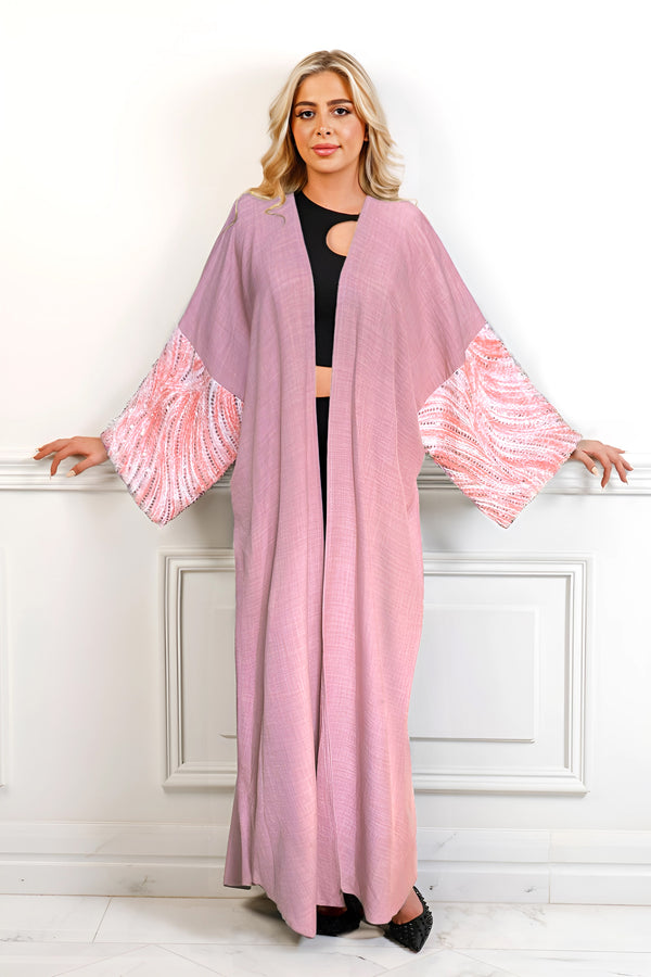 Luna Pink Feather Sequin Abaya Kimono