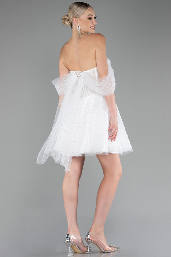 Marla White Pearls Bridal Mini Dress