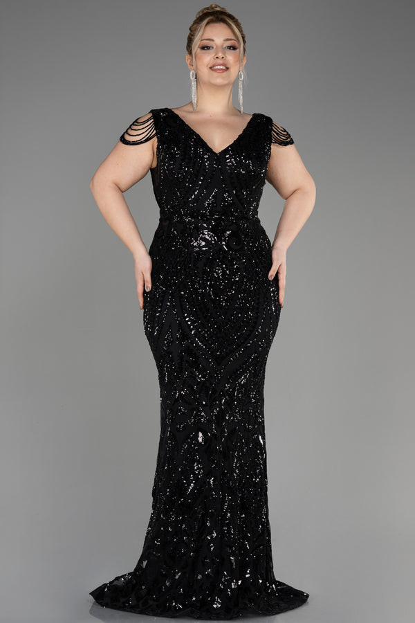 Milica Black V Neck Long Sequined Gown