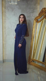 Glenda Navy Blue Embellished Long Sleeves Gown