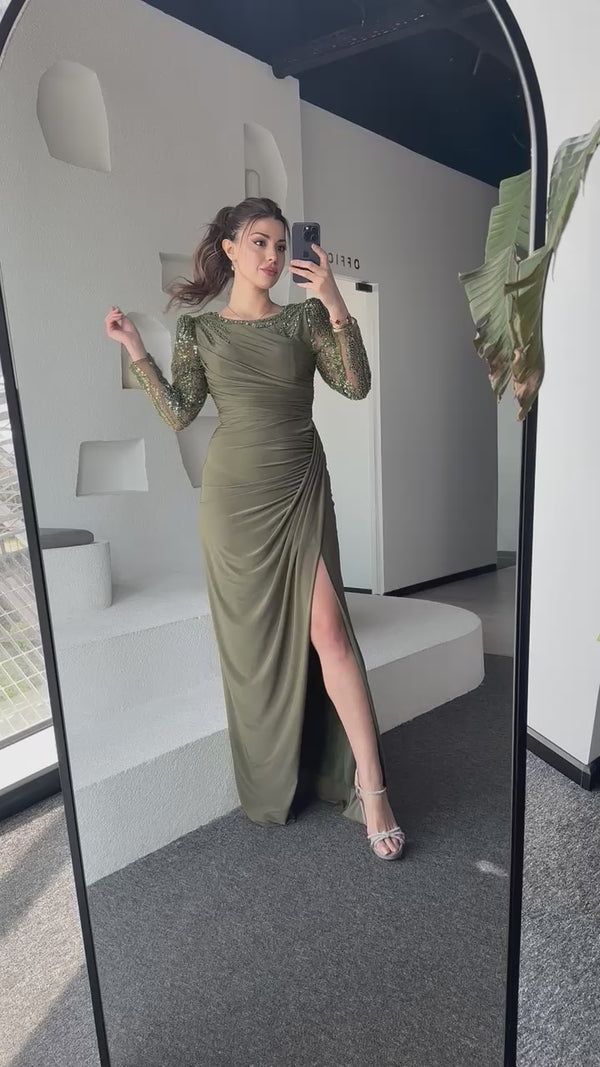 Evelyn Embellished Long Sleeves Olive Gown