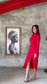 Charlize Red High Neck Long Sleeves Dress