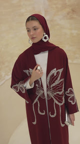 Rafif Burgundy Embellished Abaya Kimono