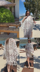 Stephanie Fringe Floral Lace Ivory Caftan Dress