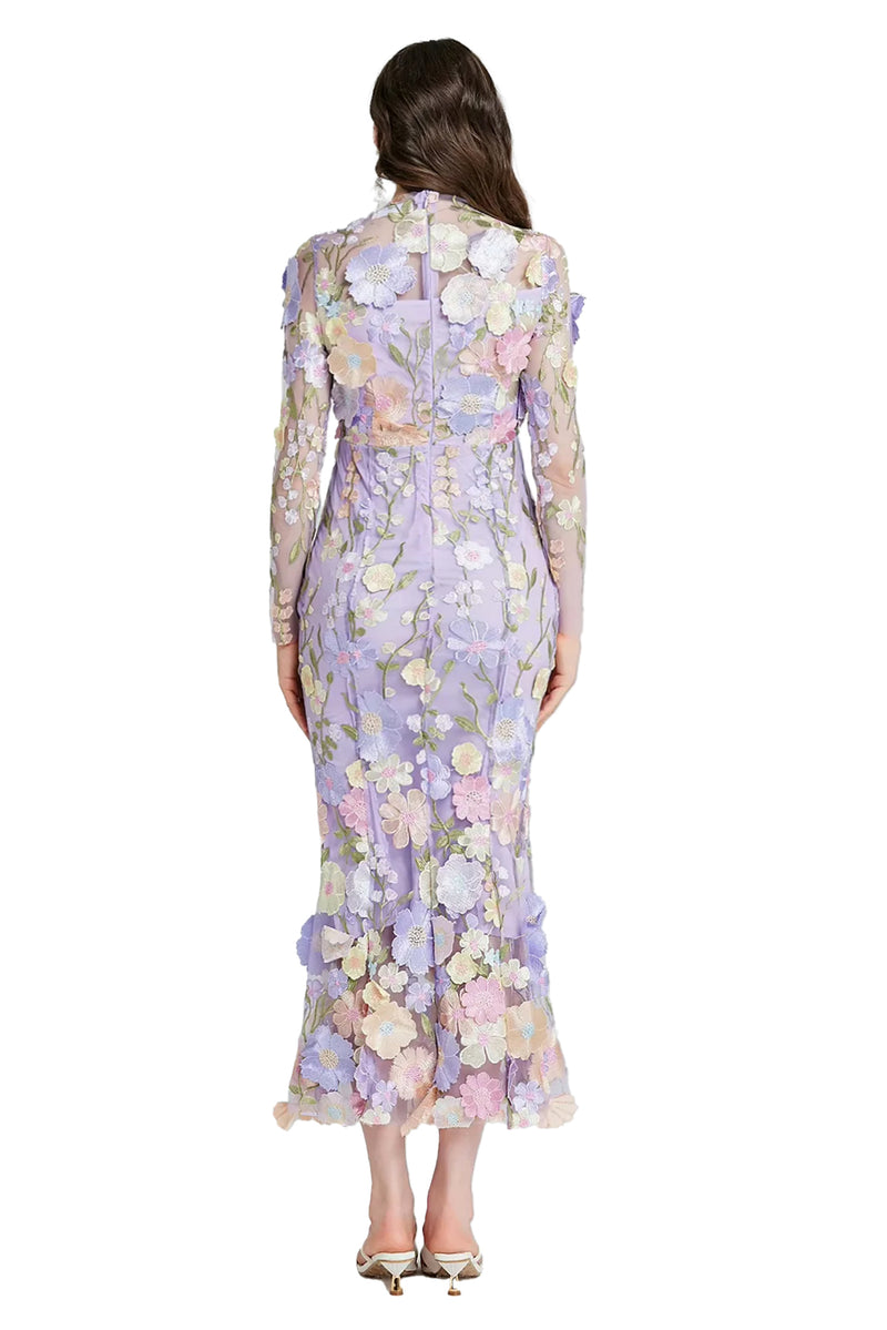 Sedra 3D Floral Lilac Pink Long Sleeves Midi Dress S Sedra 3D Floral Lilac Pink Long Sleeves Midi Dress S