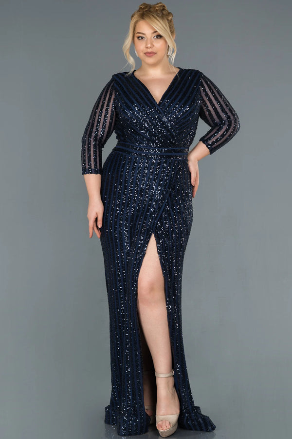 Toya Navy Long Sleeves Sequin Gown