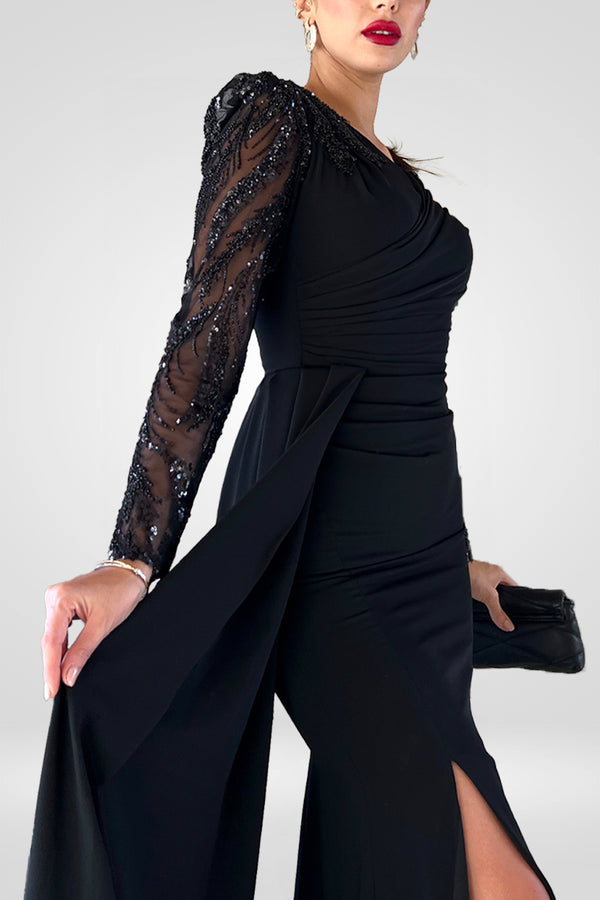 Leda Black Embellished Long Sleeves Gown