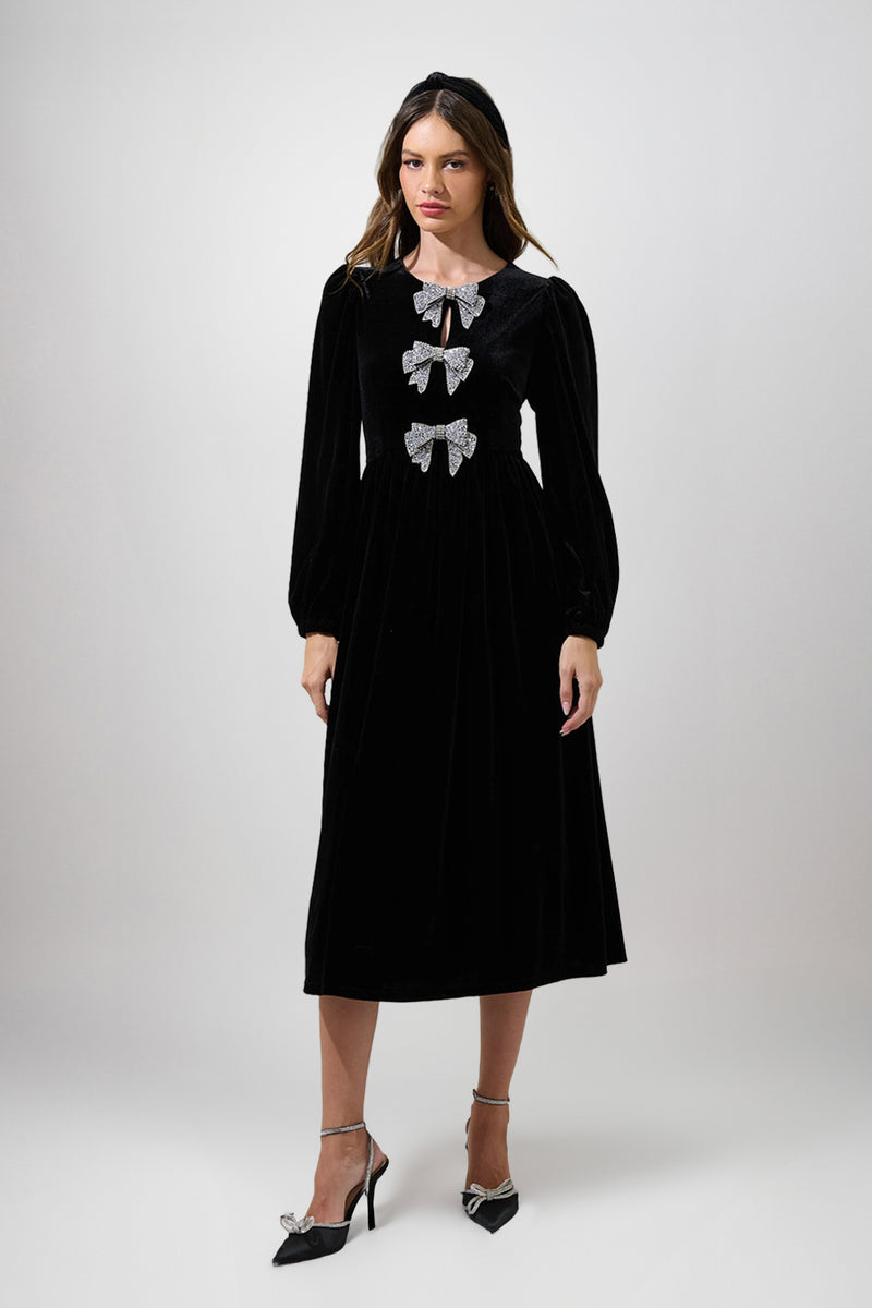 Zuri Bow Black Velvet Midi Long Sleeves Dress Plus Size Holidays Fall Autumn unmatchedbyu Zuri Bow Black Velvet Midi Long Sleeves Dress Plus Size Holidays Fall Autumn unmatchedbyu