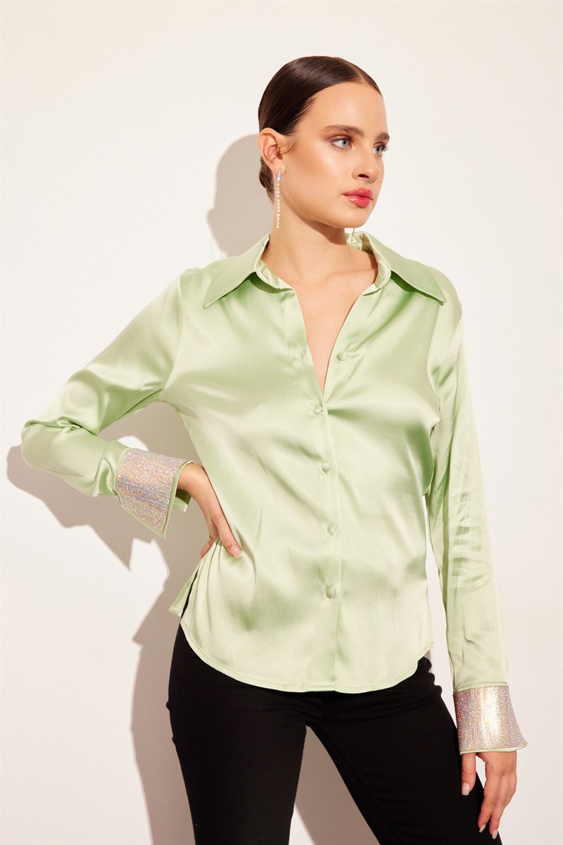 Carmen Sage Green Satin Silk Sparkly Shirt S (4 US) Carmen Sage Green Satin Silk Sparkly Shirt S (4 US)
