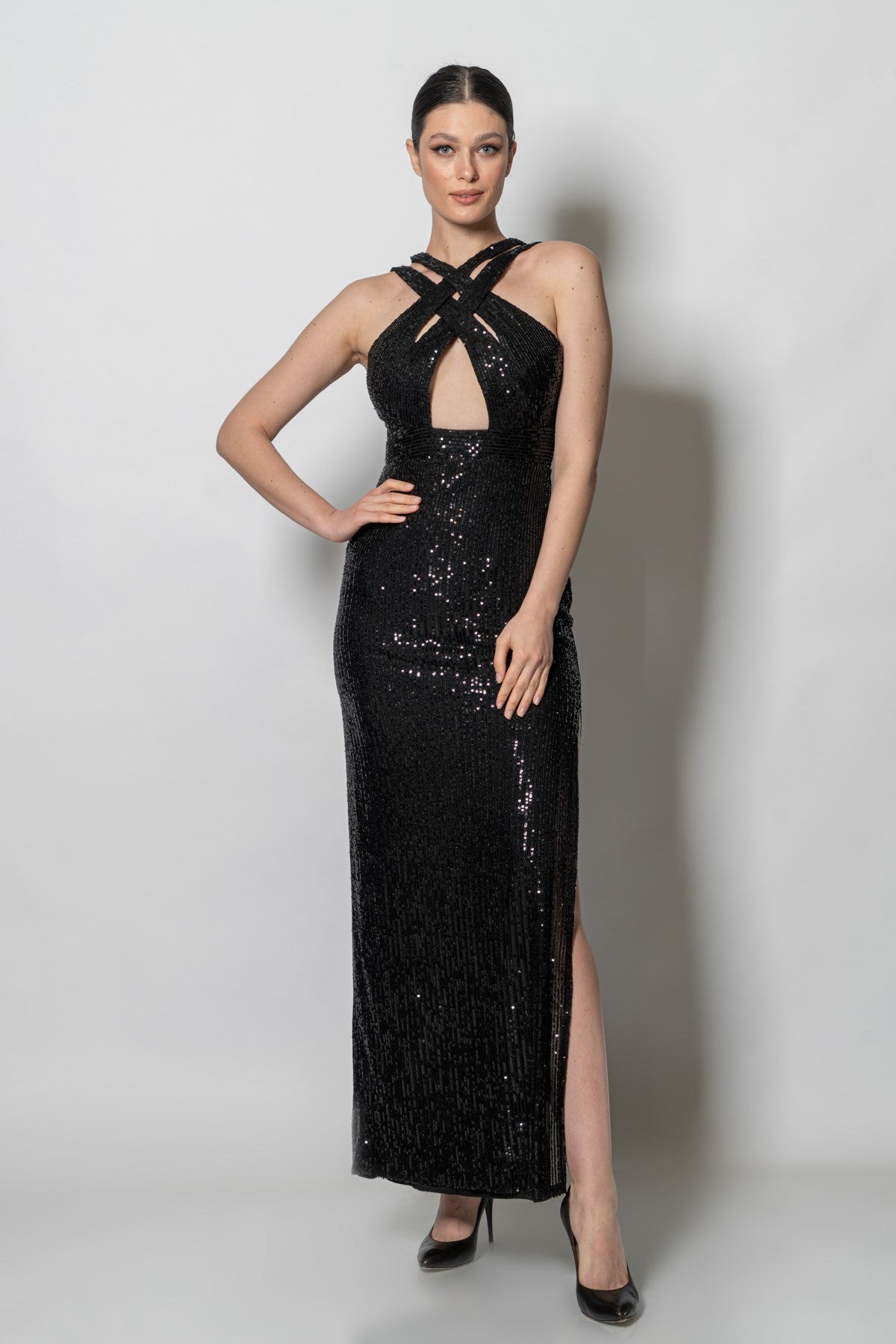 Cleo Black Sequin Double Cross Straps Gown – unmatchedbyu