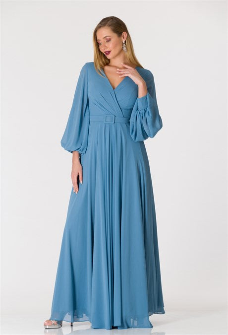 Dalina Ocean Blue Chiffon Maxi Dress 6 US