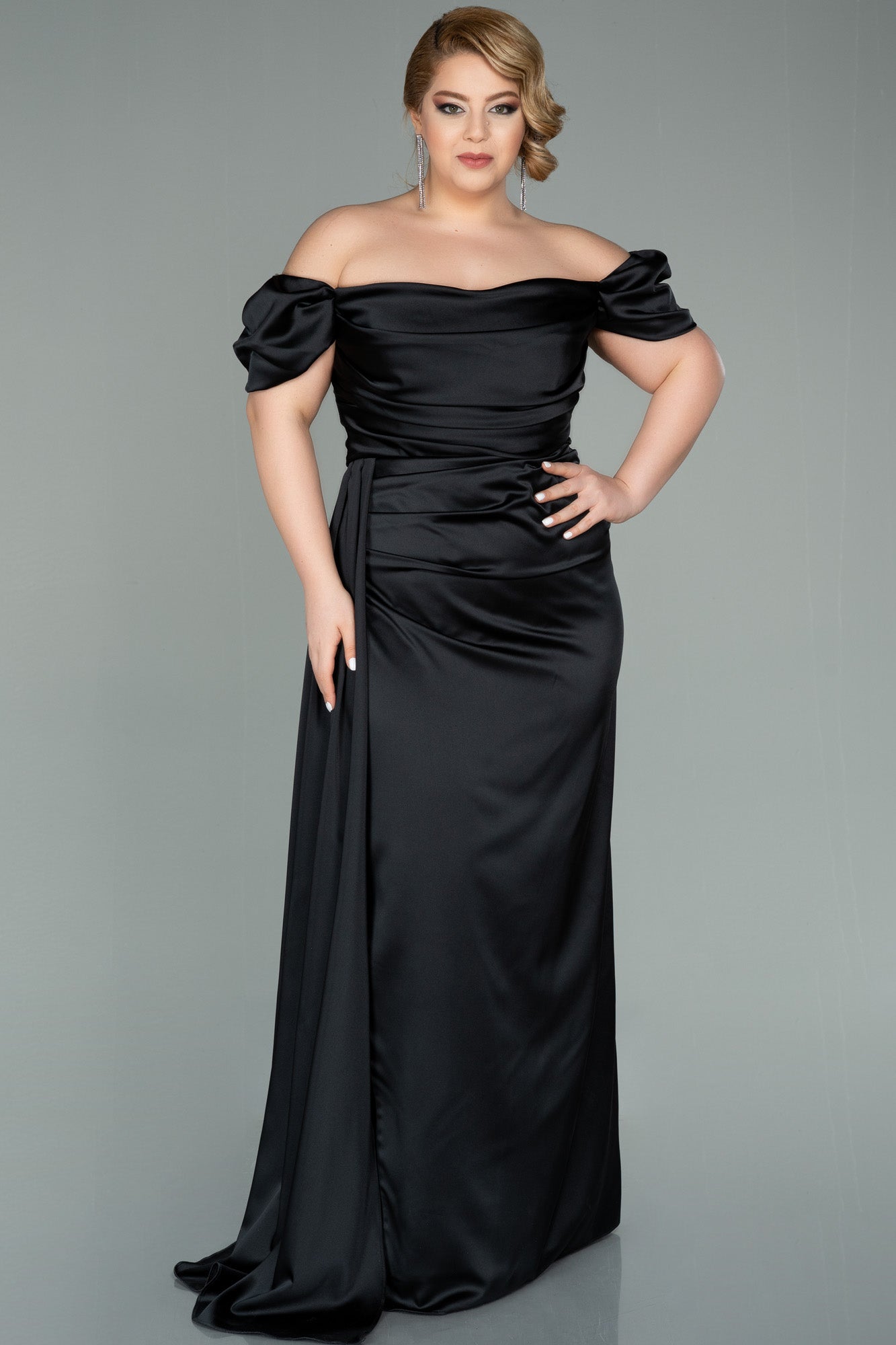 Melissa Plus Size Black Off Shoulder Straps Satin Gown with Slit and ...