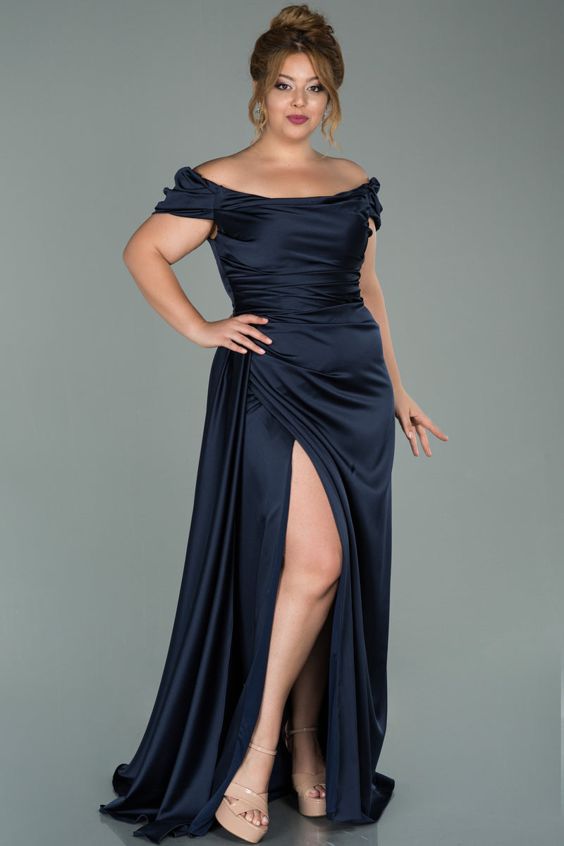 Melissa Plus Size Navy Off Shoulder Straps Gown with Slit and Train ...