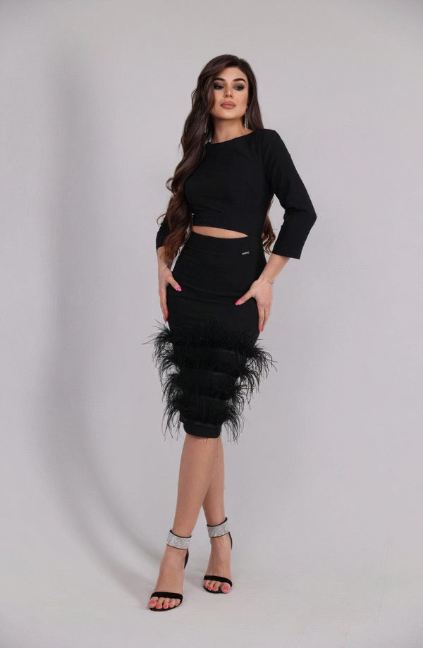 Sasha Black Feather Cut Out Midi Dress