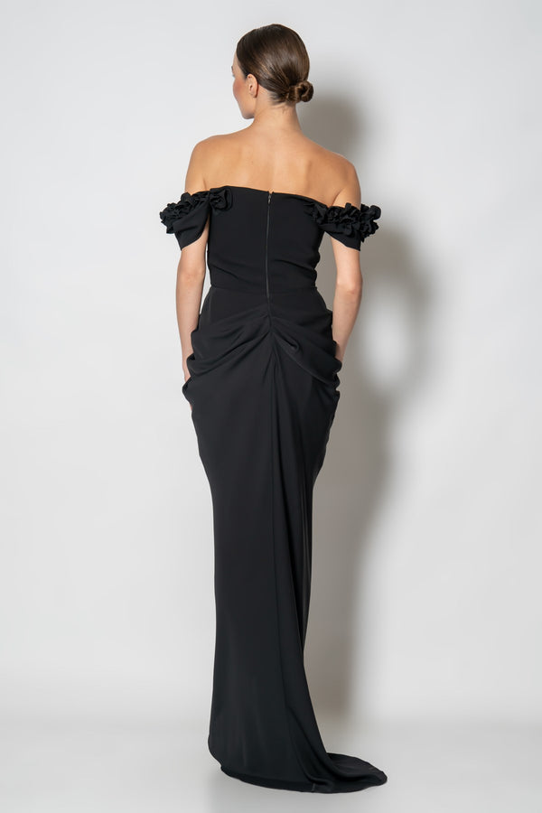 Serena Black Floral Shoulder Gown