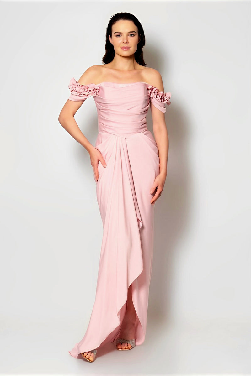 Serena Powder Pink Floral Shoulder Gown