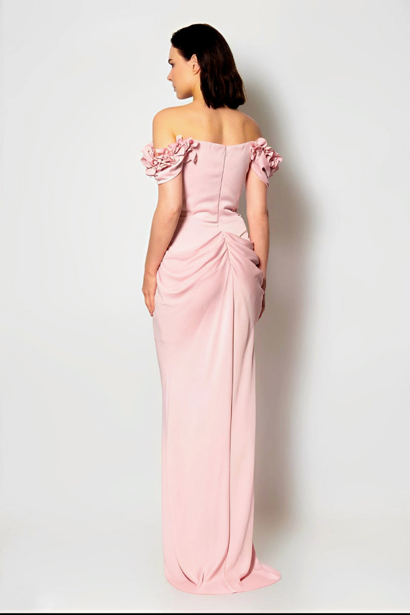 Serena Powder Pink Floral Shoulder Gown